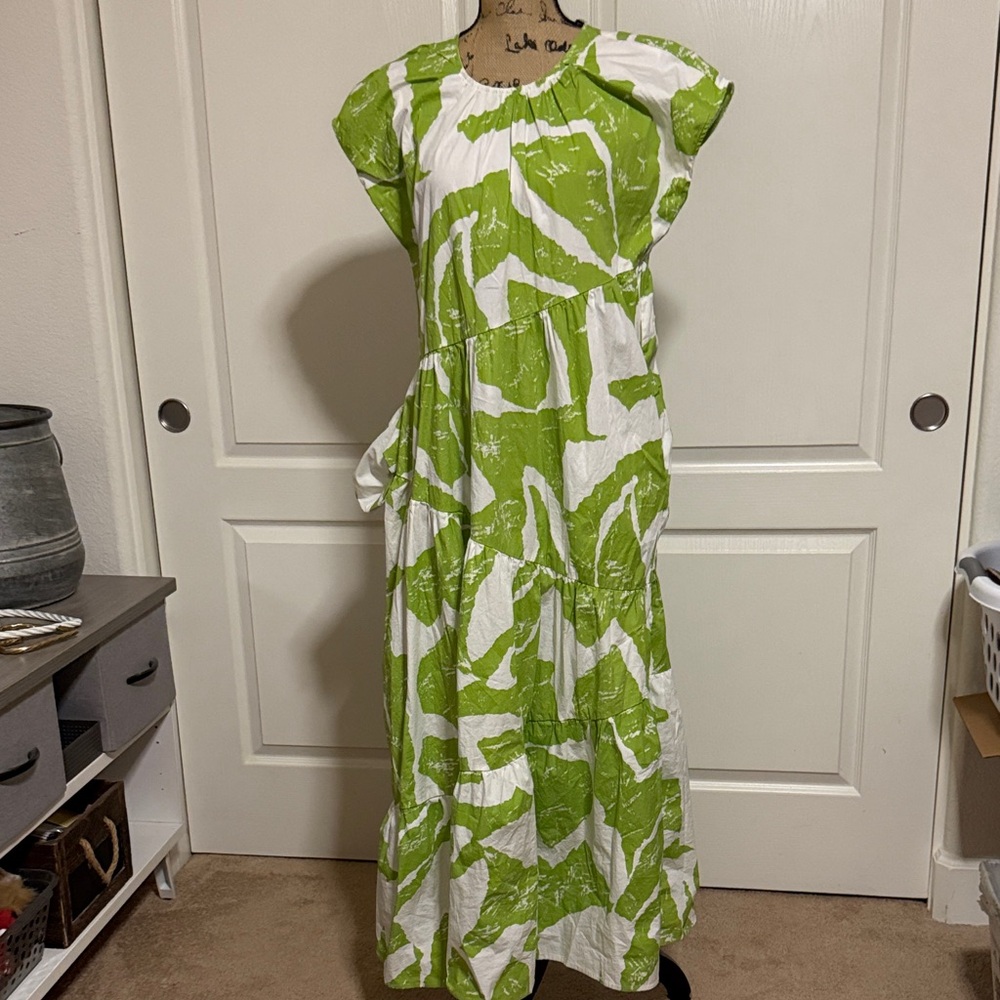 1. State Lime Green and White Abstract Tiered Maxi Dress